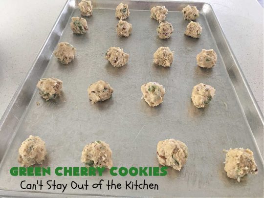 Green Cherry Cookies | Can't Stay Out of the Kitchen | these festive #cookies are terrific for #holiday #baking & parties, a #ChristmasCookieExchange or even potlucks! #GreenCherries, #pecans & #coconut combine for a fantastic #dessert that everyone will love. #CherryDessert #HolidayDessert #ParadiseFruitCompany #ParadiseCandiedFruit #GreenCherryCookies