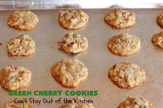 Green Cherry Cookies | Can't Stay Out of the Kitchen | these festive #cookies are terrific for #holiday #baking & parties, a #ChristmasCookieExchange or even potlucks! #GreenCherries, #pecans & #coconut combine for a fantastic #dessert that everyone will love. #CherryDessert #HolidayDessert #ParadiseFruitCompany #ParadiseCandiedFruit #GreenCherryCookies