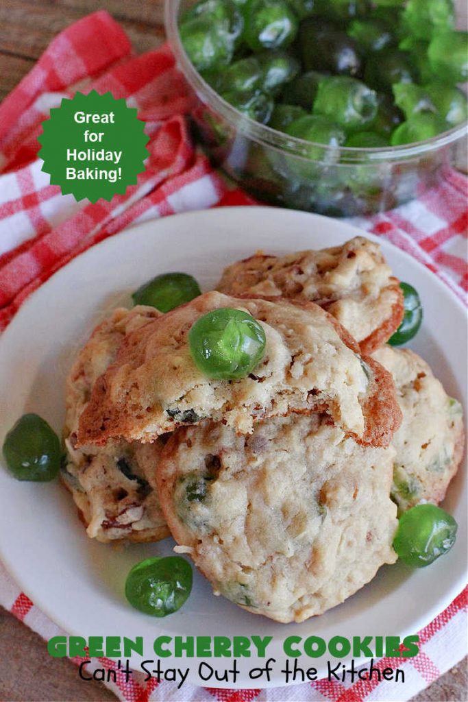 Green Cherry Cookies | Can't Stay Out of the Kitchen | these festive #cookies are terrific for #holiday #baking & parties, a #ChristmasCookieExchange or even potlucks! #GreenCherries, #pecans & #coconut combine for a fantastic #dessert that everyone will love. #CherryDessert #HolidayDessert #ParadiseFruitCompany #ParadiseCandiedFruit #GreenCherryCookies