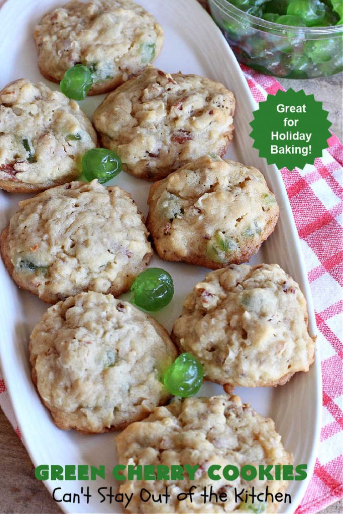 Green Cherry Cookies | Can't Stay Out of the Kitchen | these festive #cookies are terrific for #holiday #baking & parties, a #ChristmasCookieExchange or even potlucks! #GreenCherries, #pecans & #coconut combine for a fantastic #dessert that everyone will love. #CherryDessert #HolidayDessert #ParadiseFruitCompany #ParadiseCandiedFruit #GreenCherryCookies