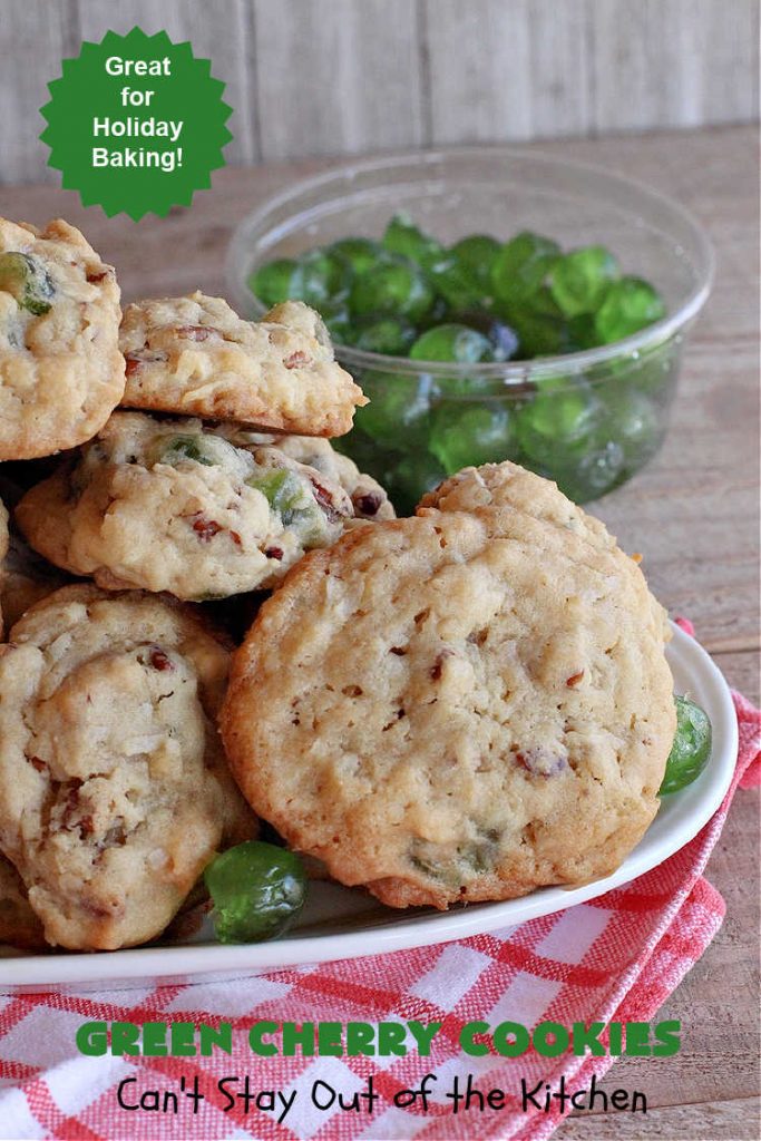 Green Cherry Cookies | Can't Stay Out of the Kitchen | these festive #cookies are terrific for #holiday #baking & parties, a #ChristmasCookieExchange or even potlucks! #GreenCherries, #pecans & #coconut combine for a fantastic #dessert that everyone will love. #CherryDessert #HolidayDessert #ParadiseFruitCompany #ParadiseCandiedFruit #GreenCherryCookies