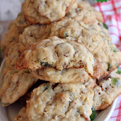 Green Cherry Cookies | Can't Stay Out of the Kitchen | these festive #cookies are terrific for #holiday #baking & parties, a #ChristmasCookieExchange or even potlucks! #GreenCherries, #pecans & #coconut combine for a fantastic #dessert that everyone will love. #CherryDessert #HolidayDessert #ParadiseFruitCompany #ParadiseCandiedFruit #GreenCherryCookies