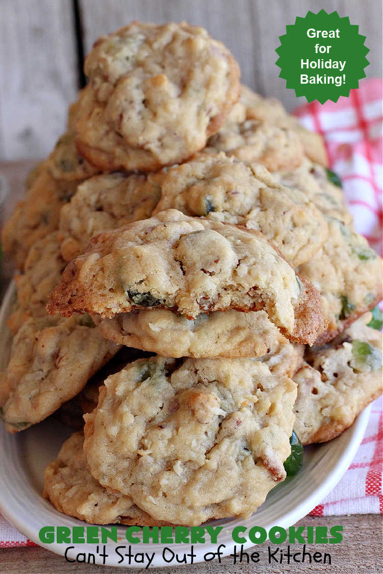 Green Cherry Cookies | Can't Stay Out of the Kitchen | these festive #cookies are terrific for #holiday #baking & parties, a #ChristmasCookieExchange or even potlucks! #GreenCherries, #pecans & #coconut combine for a fantastic #dessert that everyone will love. #CherryDessert #HolidayDessert #ParadiseFruitCompany #ParadiseCandiedFruit #GreenCherryCookies
