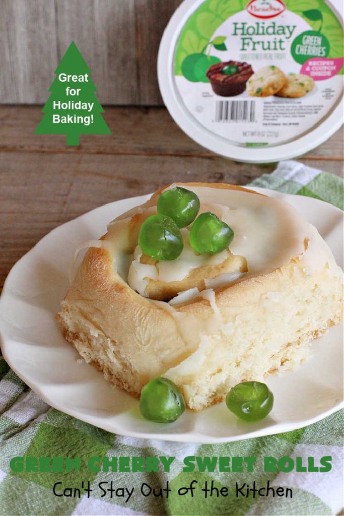 Green Cherry Sweet Rolls | Can't Stay Out of the Kitchen | These fantastic #SweetRolls will knock your socks off! No kidding. They're perfect for a #holiday #breakfast like #Thanksgiving #Christmas or #NewYearsDay. If you want to wow your family and friends, serve up a batch of these rolls. They'll be drooling from the first bite! #almond #cherries #GreenCherries #CherrySweetRolls #ParadiseFruitCompany #ParadiseCandiedFruit #HolidayBreakfast #GreenCherrySweetRolls