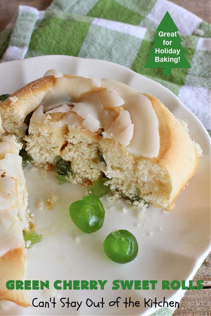 Green Cherry Sweet Rolls | Can't Stay Out of the Kitchen | These fantastic #SweetRolls will knock your socks off! No kidding. They're perfect for a #holiday #breakfast like #Thanksgiving #Christmas or #NewYearsDay. If you want to wow your family and friends, serve up a batch of these rolls. They'll be drooling from the first bite! #almond #cherries #GreenCherries #CherrySweetRolls #ParadiseFruitCompany #ParadiseCandiedFruit #HolidayBreakfast #GreenCherrySweetRolls