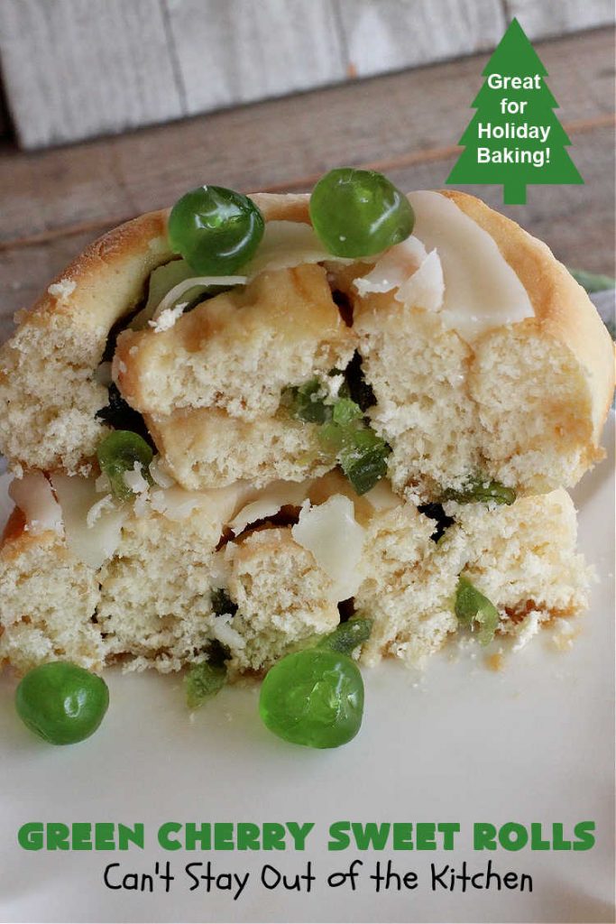 Green Cherry Sweet Rolls | Can't Stay Out of the Kitchen | These fantastic #SweetRolls will knock your socks off! No kidding. They're perfect for a #holiday #breakfast like #Thanksgiving #Christmas or #NewYearsDay. If you want to wow your family and friends, serve up a batch of these rolls. They'll be drooling from the first bite! #almond #cherries #GreenCherries #CherrySweetRolls #ParadiseFruitCompany #ParadiseCandiedFruit #HolidayBreakfast #GreenCherrySweetRolls