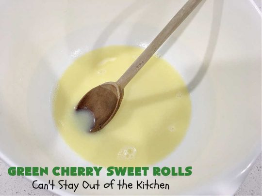 Green Cherry Sweet Rolls | Can't Stay Out of the Kitchen | These fantastic #SweetRolls will knock your socks off! No kidding. They're perfect for a #holiday #breakfast like #Thanksgiving #Christmas or #NewYearsDay. If you want to wow your family and friends, serve up a batch of these rolls. They'll be drooling from the first bite! #almond #cherries #GreenCherries #CherrySweetRolls #ParadiseFruitCompany #ParadiseCandiedFruit #HolidayBreakfast #GreenCherrySweetRolls