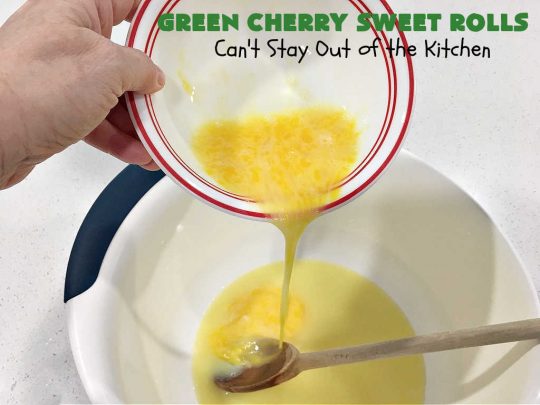 Green Cherry Sweet Rolls | Can't Stay Out of the Kitchen | These fantastic #SweetRolls will knock your socks off! No kidding. They're perfect for a #holiday #breakfast like #Thanksgiving #Christmas or #NewYearsDay. If you want to wow your family and friends, serve up a batch of these rolls. They'll be drooling from the first bite! #almond #cherries #GreenCherries #CherrySweetRolls #ParadiseFruitCompany #ParadiseCandiedFruit #HolidayBreakfast #GreenCherrySweetRolls
