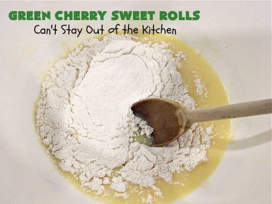 Green Cherry Sweet Rolls | Can't Stay Out of the Kitchen | These fantastic #SweetRolls will knock your socks off! No kidding. They're perfect for a #holiday #breakfast like #Thanksgiving #Christmas or #NewYearsDay. If you want to wow your family and friends, serve up a batch of these rolls. They'll be drooling from the first bite! #almond #cherries #GreenCherries #CherrySweetRolls #ParadiseFruitCompany #ParadiseCandiedFruit #HolidayBreakfast #GreenCherrySweetRolls