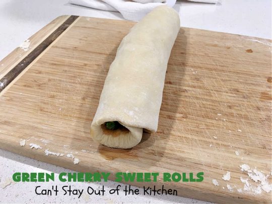 Green Cherry Sweet Rolls | Can't Stay Out of the Kitchen | These fantastic #SweetRolls will knock your socks off! No kidding. They're perfect for a #holiday #breakfast like #Thanksgiving #Christmas or #NewYearsDay. If you want to wow your family and friends, serve up a batch of these rolls. They'll be drooling from the first bite! #almond #cherries #GreenCherries #CherrySweetRolls #ParadiseFruitCompany #ParadiseCandiedFruit #HolidayBreakfast #GreenCherrySweetRolls