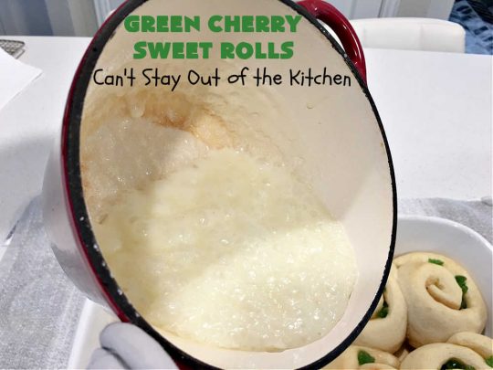 Green Cherry Sweet Rolls | Can't Stay Out of the Kitchen | These fantastic #SweetRolls will knock your socks off! No kidding. They're perfect for a #holiday #breakfast like #Thanksgiving #Christmas or #NewYearsDay. If you want to wow your family and friends, serve up a batch of these rolls. They'll be drooling from the first bite! #almond #cherries #GreenCherries #CherrySweetRolls #ParadiseFruitCompany #ParadiseCandiedFryit #HolidayBreakfast #GreenCherrySweetRolls