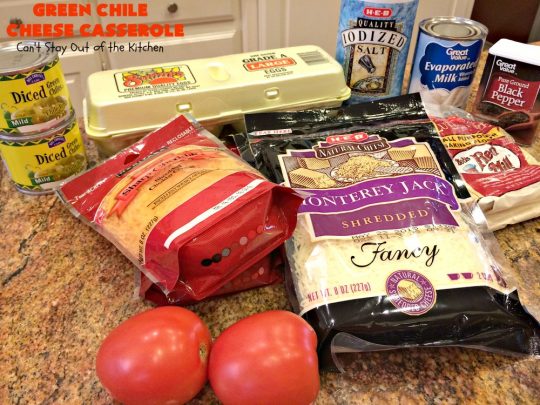 Green Chile Cheese Casserole | Can't Stay Out of the Kitchen | this is a fabulous #BreakfastCasserole to wake up to on a #holiday morning like #Thanksgiving, #Christmas or #NewYearsDay. It's got #TexMex flavors & filled with 2 cheeses & #eggs. Also good to serve for #MeatlessMondays. #CheddarCheese #MontereyJackCheese #GreenChilies #holiday #HolidayBreakfast #brunch #GlutenFree #GlutenFreeBreakfastCasserole #breakfast #GreenChileCheeseCasserole