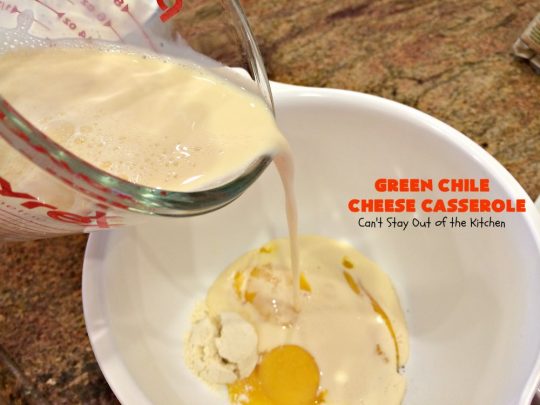 Green Chile Cheese Casserole | Can't Stay Out of the Kitchen | this is a fabulous #BreakfastCasserole to wake up to on a #holiday morning like #Thanksgiving, #Christmas or #NewYearsDay. It's got #TexMex flavors & filled with 2 cheeses & #eggs. Also good to serve for #MeatlessMondays. #CheddarCheese #MontereyJackCheese #GreenChilies #holiday #HolidayBreakfast #brunch #GlutenFree #GlutenFreeBreakfastCasserole #breakfast #GreenChileCheeseCasserole