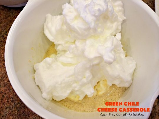 Green Chile Cheese Casserole | Can't Stay Out of the Kitchen | this is a fabulous #BreakfastCasserole to wake up to on a #holiday morning like #Thanksgiving, #Christmas or #NewYearsDay. It's got #TexMex flavors & filled with 2 cheeses & #eggs. Also good to serve for #MeatlessMondays. #CheddarCheese #MontereyJackCheese #GreenChilies #holiday #HolidayBreakfast #brunch #GlutenFree #GlutenFreeBreakfastCasserole #breakfast #GreenChileCheeseCasserole