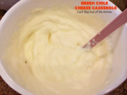 Green Chile Cheese Casserole | Can't Stay Out of the Kitchen | this is a fabulous #BreakfastCasserole to wake up to on a #holiday morning like #Thanksgiving, #Christmas or #NewYearsDay. It's got #TexMex flavors & filled with 2 cheeses & #eggs. Also good to serve for #MeatlessMondays. #CheddarCheese #MontereyJackCheese #GreenChilies #holiday #HolidayBreakfast #brunch #GlutenFree #GlutenFreeBreakfastCasserole #breakfast #GreenChileCheeseCasserole