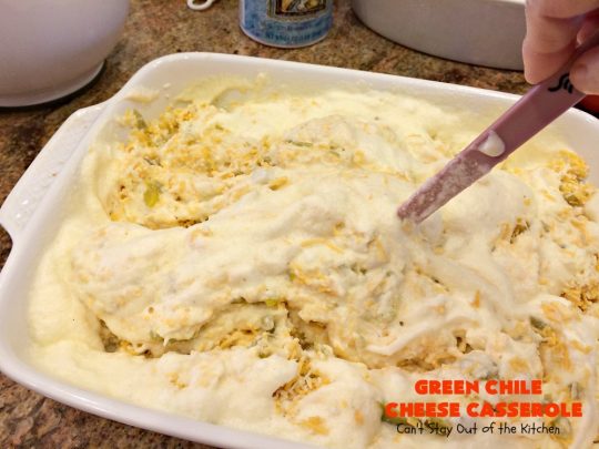 Green Chile Cheese Casserole | Can't Stay Out of the Kitchen | this is a fabulous #BreakfastCasserole to wake up to on a #holiday morning like #Thanksgiving, #Christmas or #NewYearsDay. It's got #TexMex flavors & filled with 2 cheeses & #eggs. Also good to serve for #MeatlessMondays. #CheddarCheese #MontereyJackCheese #GreenChilies #holiday #HolidayBreakfast #brunch #GlutenFree #GlutenFreeBreakfastCasserole #breakfast #GreenChileCheeseCasserole