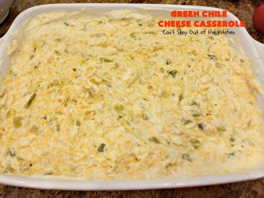 Green Chile Cheese Casserole | Can't Stay Out of the Kitchen | this is a fabulous #BreakfastCasserole to wake up to on a #holiday morning like #Thanksgiving, #Christmas or #NewYearsDay. It's got #TexMex flavors & filled with 2 cheeses & #eggs. Also good to serve for #MeatlessMondays. #CheddarCheese #MontereyJackCheese #GreenChilies #holiday #HolidayBreakfast #brunch #GlutenFree #GlutenFreeBreakfastCasserole #breakfast #GreenChileCheeseCasserole