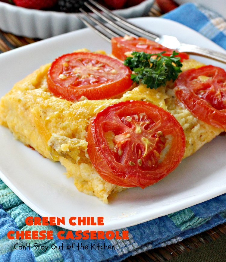 Green Chile Cheese Casserole | Can't Stay Out of the Kitchen | this is a fabulous #BreakfastCasserole to wake up to on a #holiday morning like #Thanksgiving, #Christmas or #NewYearsDay. It's got #TexMex flavors & filled with 2 cheeses & #eggs. Also good to serve for #MeatlessMondays. #CheddarCheese #MontereyJackCheese #GreenChilies #holiday #HolidayBreakfast #brunch #GlutenFree #GlutenFreeBreakfastCasserole #breakfast #GreenChileCheeseCasserole