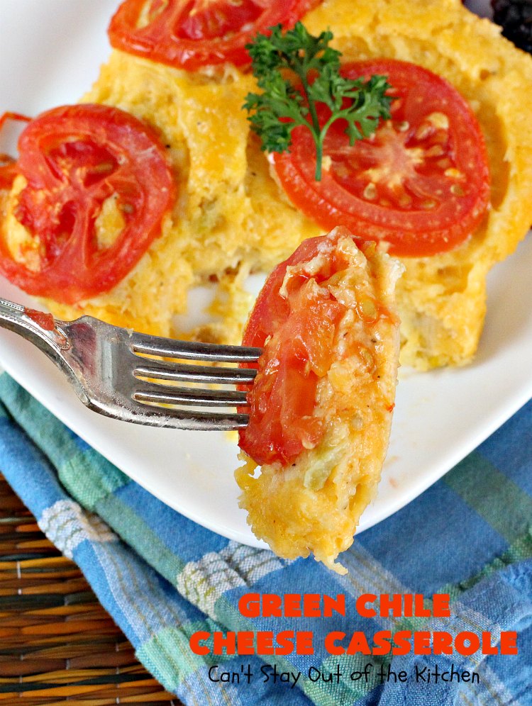 Green Chile Cheese Casserole | Can't Stay Out of the Kitchen | this is a fabulous #BreakfastCasserole to wake up to on a #holiday morning like #Thanksgiving, #Christmas or #NewYearsDay. It's got #TexMex flavors & filled with 2 cheeses & #eggs. Also good to serve for #MeatlessMondays. #CheddarCheese #MontereyJackCheese #GreenChilies #holiday #HolidayBreakfast #brunch #GlutenFree #GlutenFreeBreakfastCasserole #breakfast #GreenChileCheeseCasserole