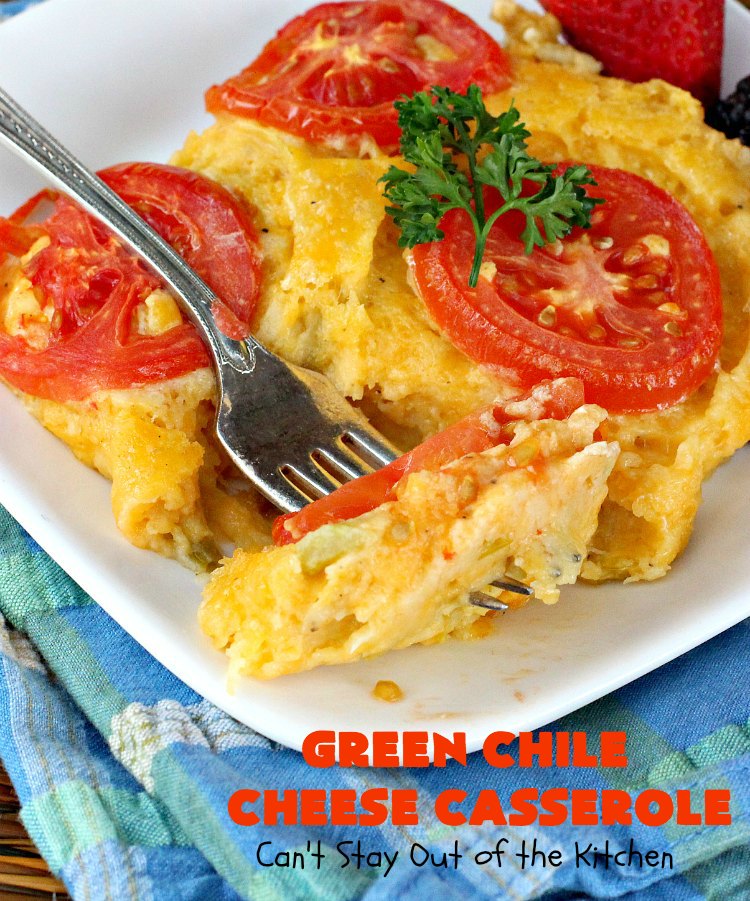 Green Chile Cheese Casserole | Can't Stay Out of the Kitchen | this is a fabulous #BreakfastCasserole to wake up to on a #holiday morning like #Thanksgiving, #Christmas or #NewYearsDay. It's got #TexMex flavors & filled with 2 cheeses & #eggs. Also good to serve for #MeatlessMondays. #CheddarCheese #MontereyJackCheese #GreenChilies #holiday #HolidayBreakfast #brunch #GlutenFree #GlutenFreeBreakfastCasserole #breakfast #GreenChileCheeseCasserole
