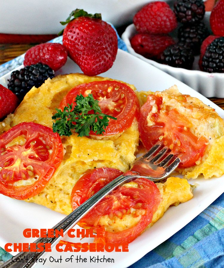Green Chile Cheese Casserole | Can't Stay Out of the Kitchen | this is a fabulous #BreakfastCasserole to wake up to on a #holiday morning like #Thanksgiving, #Christmas or #NewYearsDay. It's got #TexMex flavors & filled with 2 cheeses & #eggs. Also good to serve for #MeatlessMondays. #CheddarCheese #MontereyJackCheese #GreenChilies #holiday #HolidayBreakfast #brunch #GlutenFree #GlutenFreeBreakfastCasserole #breakfast #GreenChileCheeseCasserole