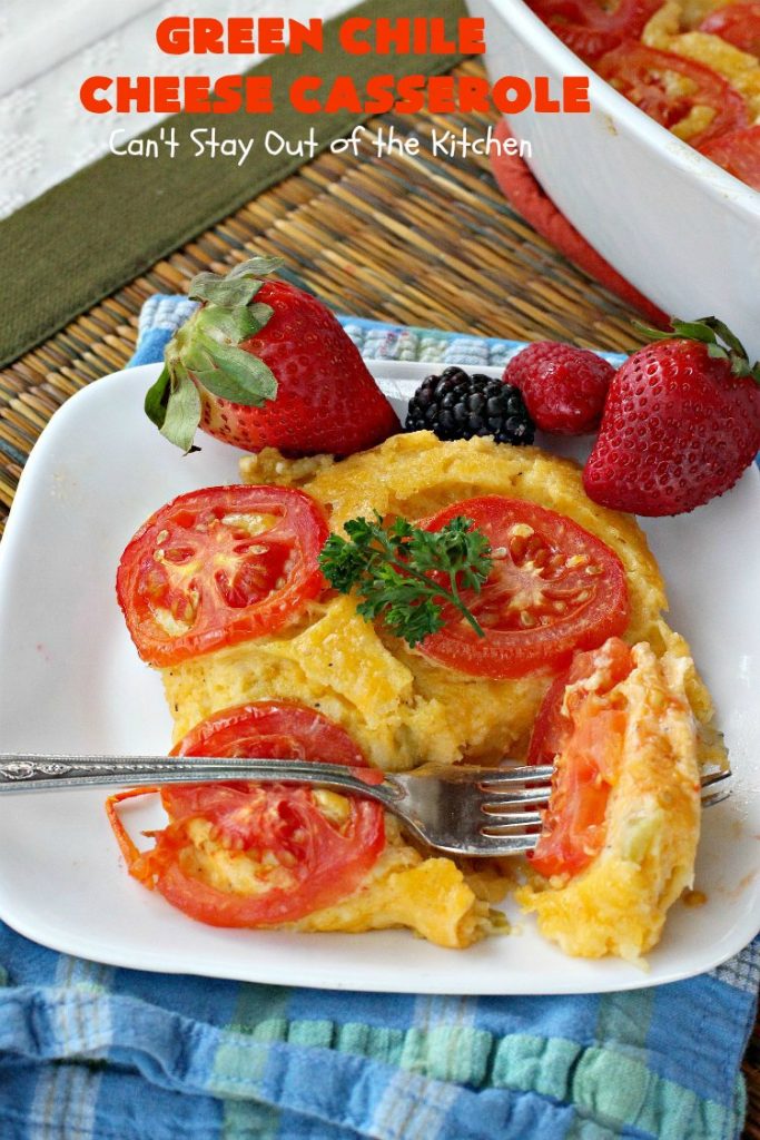 Green Chile Cheese Casserole | Can't Stay Out of the Kitchen | this is a fabulous #BreakfastCasserole to wake up to on a #holiday morning like #Thanksgiving, #Christmas or #NewYearsDay. It's got #TexMex flavors & filled with 2 cheeses & #eggs. Also good to serve for #MeatlessMondays. #CheddarCheese #MontereyJackCheese #GreenChilies #holiday #HolidayBreakfast #brunch #GlutenFree #GlutenFreeBreakfastCasserole #breakfast #GreenChileCheeseCasserole
