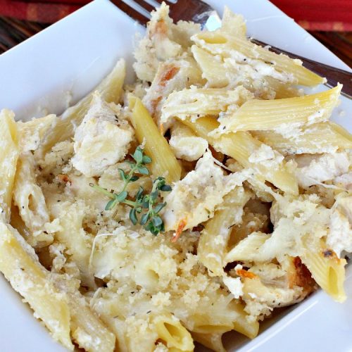Grilled Chicken Alfredo Pasta Bake | Can't Stay Out of the Kitchen | this amazing #pasta #recipe tops #penne #noodles with a fantastic #AlFredoSauce, #Chicken & #PankoBreadCrumbs on top. It's kid-friendly & such mouthwatering comfort food. #Casserole #ChickenAlfredo #Easter #MothersDay #FathersDay #ChickenCasserole #ParmesanCheese