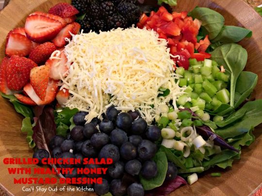 Grilled Chicken Salad with Healthy Honey Mustard Dressing | Can't Stay Out of the Kitchen | this fantastic main dish #salad is terrific for hot summer nights when you don't want to use your oven! It's also great for company dinners. It includes a wonderful homemade #HoneyMustard dressing. #glutenfree #chicken 