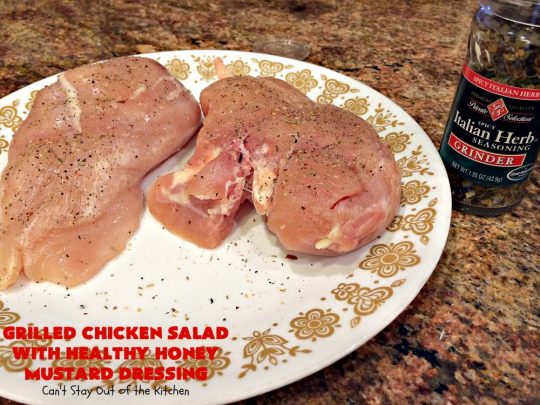 Grilled Chicken Salad with Healthy Honey Mustard Dressing | Can't Stay Out of the Kitchen | this fantastic main dish #salad is terrific for hot summer nights when you don't want to use your oven! It's also great for company dinners. It includes a wonderful homemade #HoneyMustard dressing. #glutenfree #chicken 