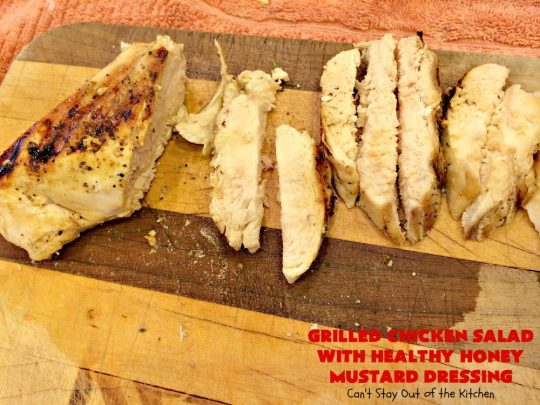 Grilled Chicken Salad with Healthy Honey Mustard Dressing | Can't Stay Out of the Kitchen | this fantastic main dish #salad is terrific for hot summer nights when you don't want to use your oven! It's also great for company dinners. It includes a wonderful homemade #HoneyMustard dressing. #glutenfree #chicken 