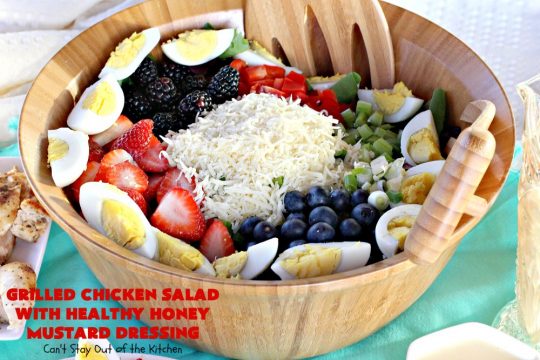 Grilled Chicken Salad with Healthy Honey Mustard Dressing | Can't Stay Out of the Kitchen | this fantastic main dish #salad is terrific for hot summer nights when you don't want to use your oven! It's also great for company dinners. It includes a wonderful homemade #HoneyMustard dressing. #glutenfree #chicken 