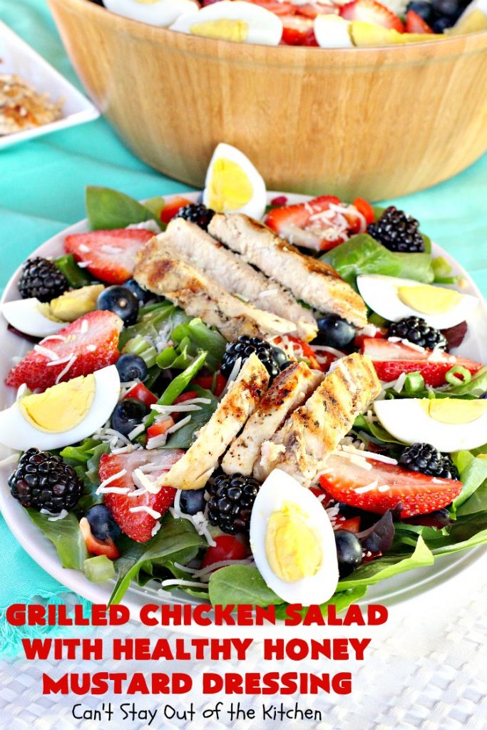 Grilled Chicken Salad with Healthy Honey Mustard Dressing | Can't Stay Out of the Kitchen | this fantastic main dish #salad is terrific for hot summer nights when you don't want to use your oven! It's also great for company dinners. It includes a wonderful homemade #HoneyMustard dressing. #glutenfree #chicken 