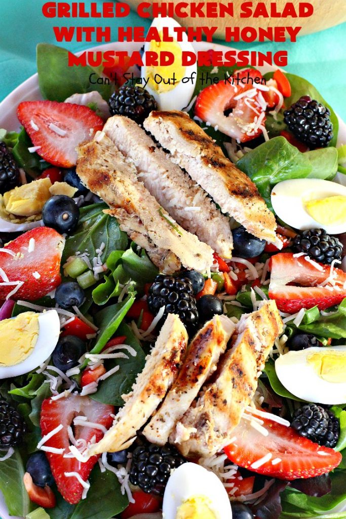 Grilled Chicken Salad with Healthy Honey Mustard Dressing | Can't Stay Out of the Kitchen | this fantastic main dish #salad is terrific for hot summer nights when you don't want to use your oven! It's also great for company dinners. It includes a wonderful homemade #HoneyMustard dressing. #glutenfree #chicken 