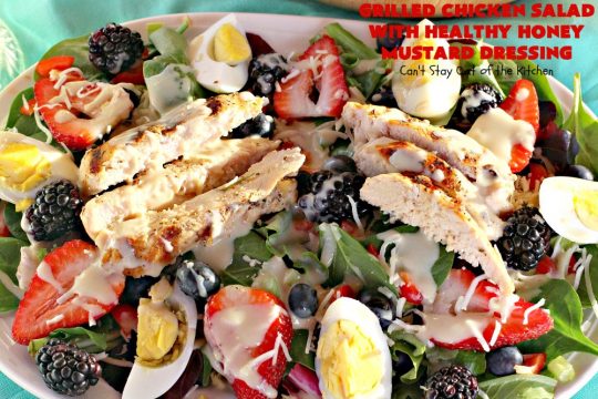 Grilled Chicken Salad with Healthy Honey Mustard Dressing | Can't Stay Out of the Kitchen | this fantastic main dish #salad is terrific for hot summer nights when you don't want to use your oven! It's also great for company dinners. It includes a wonderful homemade #HoneyMustard dressing. #glutenfree #chicken 