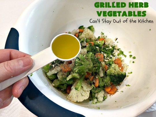 Grilled Herb Vegetables | Can't Stay Out of the Kitchen | this quick & easy 5-ingredient #recipe can be ready to serve in 20 minutes! Tasty, delicious way to prepare #vegetables especially if you have the grill going. #carrots #Broccoli #Cauliflower #Healthy, #vegan #LowCalorie #GlutenFree #GrilledHerbVegetables