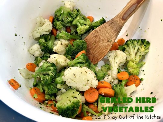 Grilled Herb Vegetables | Can't Stay Out of the Kitchen | this quick & easy 5-ingredient #recipe can be ready to serve in 20 minutes! Tasty, delicious way to prepare #vegetables especially if you have the grill going. #carrots #Broccoli #Cauliflower #Healthy, #vegan #LowCalorie #GlutenFree #GrilledHerbVegetables