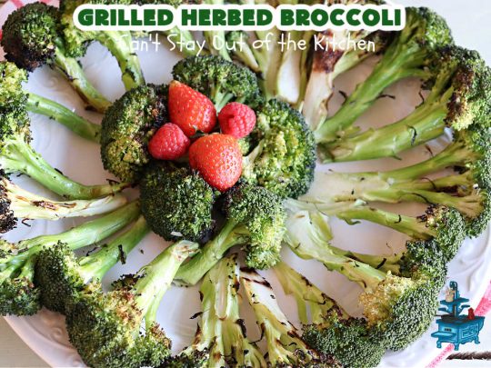 Grilled Herbed Broccoli | Can't Stay Out of the Kitchen | this simple & easy #recipe for #broccoli is adapted for the grill. It uses only a handful of ingredients & can be ready to eat in about 10 minutes! If you enjoy grilling out with friends & backyard barbecues, this is a #healthy, #GlutenFree #LowCalorie #SideDish everyone will enjoy. #broccoli #HerbedBroccoli #GrilledHerbedBroccoli