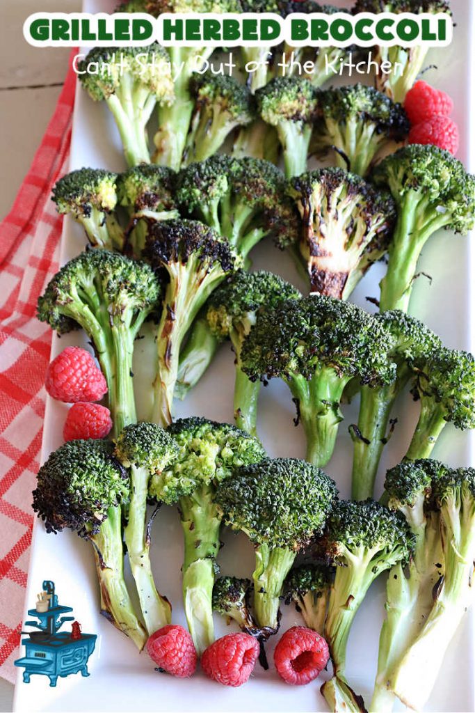 Grilled Herbed Broccoli | Can't Stay Out of the Kitchen | this simple & easy #recipe for #broccoli is adapted for the grill. It uses only a handful of ingredients & can be ready to eat in about 10 minutes! If you enjoy grilling out with friends & backyard barbecues, this is a #healthy, #GlutenFree #LowCalorie #SideDish everyone will enjoy. #broccoli #HerbedBroccoli #GrilledHerbedBroccoli