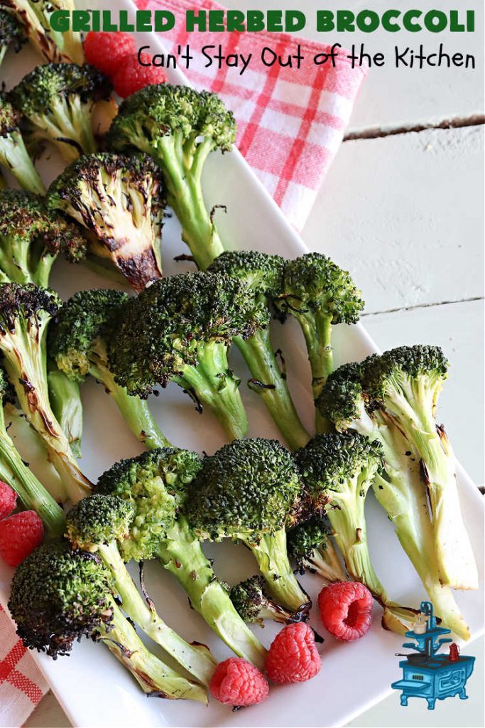 Grilled Herbed Broccoli | Can't Stay Out of the Kitchen | this simple & easy #recipe for #broccoli is adapted for the grill. It uses only a handful of ingredients & can be ready to eat in about 10 minutes! If you enjoy grilling out with friends & backyard barbecues, this is a #healthy, #GlutenFree #LowCalorie #SideDish everyone will enjoy. #broccoli #HerbedBroccoli #GrilledHerbedBroccoli