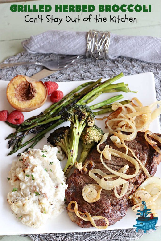 Grilled Herbed Broccoli | Can't Stay Out of the Kitchen | this simple & easy #recipe for #broccoli is adapted for the grill. It uses only a handful of ingredients & can be ready to eat in about 10 minutes! If you enjoy grilling out with friends & backyard barbecues, this is a #healthy, #GlutenFree #LowCalorie #SideDish everyone will enjoy. #broccoli #HerbedBroccoli #GrilledHerbedBroccoli