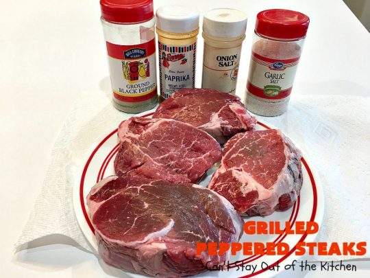 Grilled Peppered Steaks | Can't Stay Out of the Kitchen | this fantastic 5-ingredient #recipe is absolutely mouthwatering & irresistible. Terrific for busy week night dinners or when grilling out with friends. #GlutenFree #GrilledPepperedSteaks #tailgating