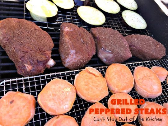 Grilled Peppered Steaks | Can't Stay Out of the Kitchen | this fantastic 5-ingredient #recipe is absolutely mouthwatering & irresistible. Terrific for busy week night dinners or when grilling out with friends. #GlutenFree #GrilledPepperedSteaks #tailgating