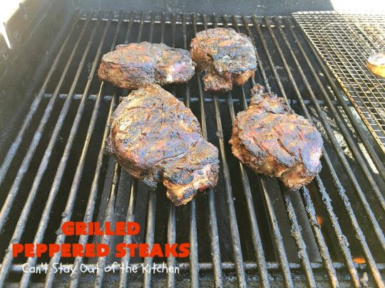Grilled Peppered Steaks | Can't Stay Out of the Kitchen | this fantastic 5-ingredient #recipe is absolutely mouthwatering & irresistible. Terrific for busy week night dinners or when grilling out with friends. #GlutenFree #GrilledPepperedSteaks #tailgating
