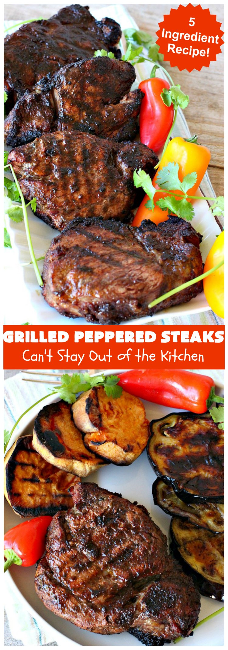 Grilled Peppered Steaks | Can't Stay Out of the Kitchen | this fantastic 5-ingredient #recipe is absolutely mouthwatering & irresistible. Terrific for busy week night dinners or when grilling out with friends. #GlutenFree #GrilledPepperedSteaks #tailgating