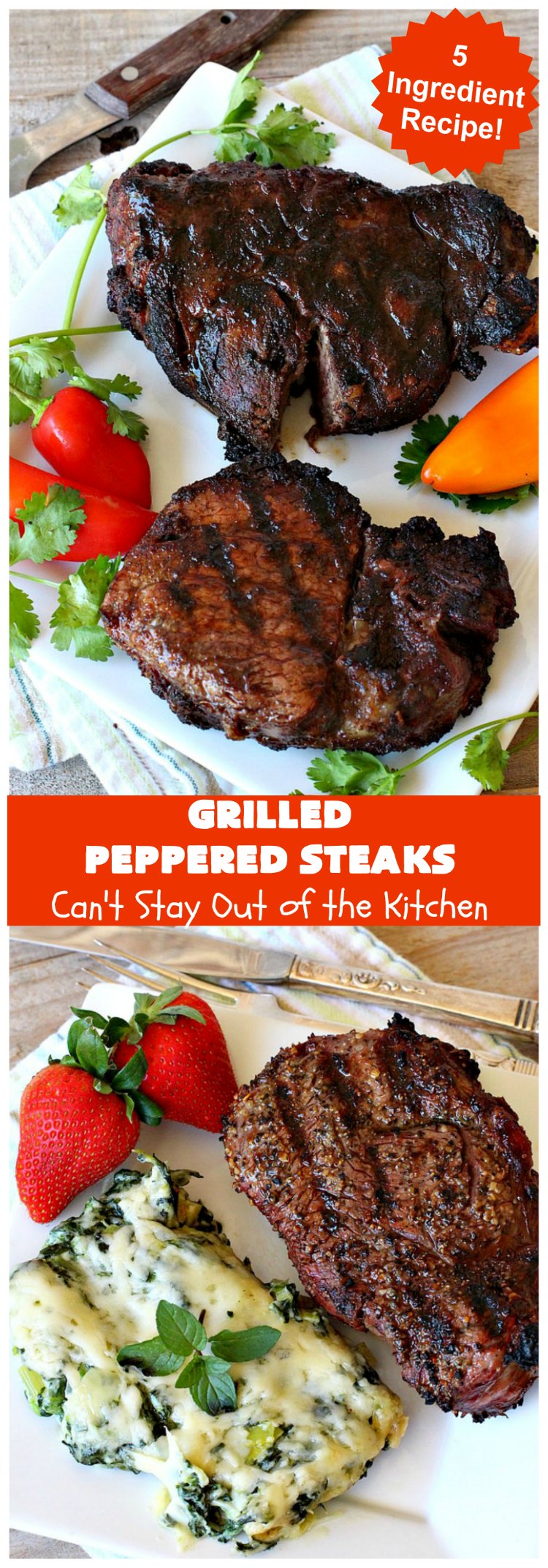 Grilled Peppered Steaks | Can't Stay Out of the Kitchen | this fantastic 5-ingredient #recipe is absolutely mouthwatering & irresistible. Terrific for busy week night dinners or when grilling out with friends. #GlutenFree #GrilledPepperedSteaks #tailgating
