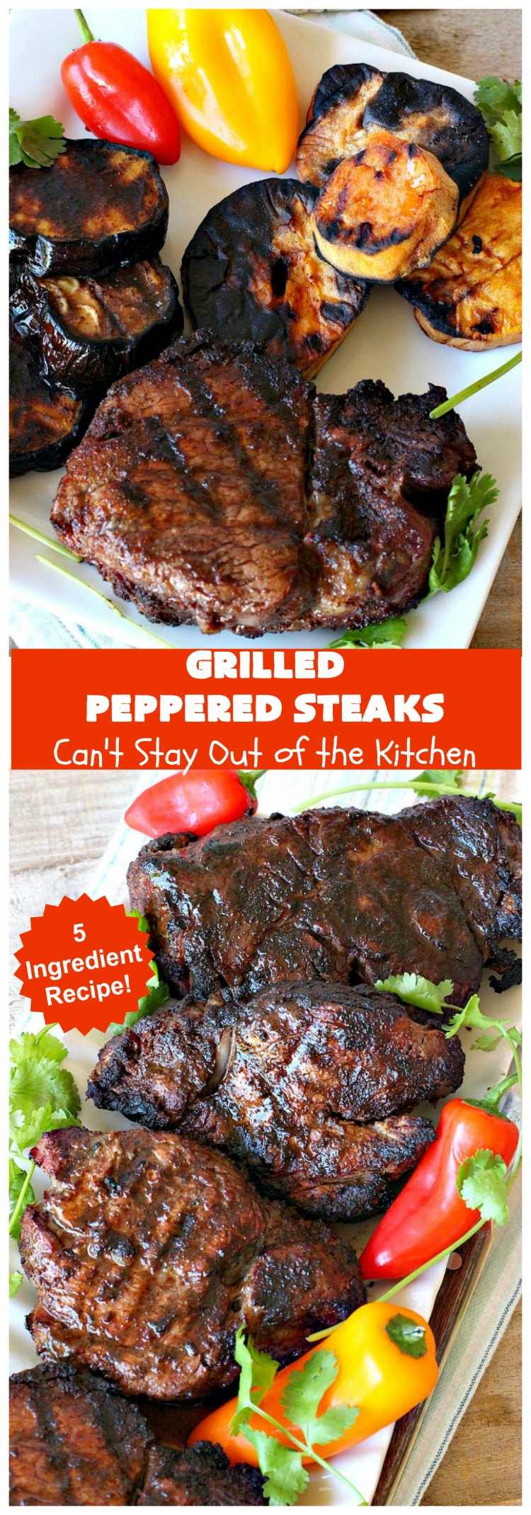 Grilled Peppered Steaks | Can't Stay Out of the Kitchen | this fantastic 5-ingredient #recipe is absolutely mouthwatering & irresistible. Terrific for busy week night dinners or when grilling out with friends. #GlutenFree #GrilledPepperedSteaks #tailgating