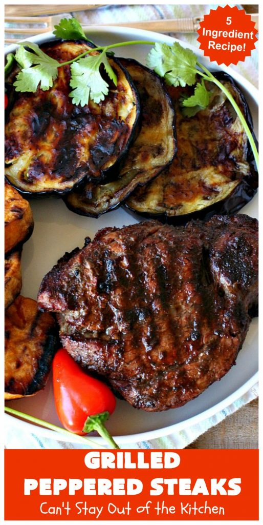 Grilled Peppered Steaks | Can't Stay Out of the Kitchen | this fantastic 5-ingredient #recipe is absolutely mouthwatering & irresistible. Terrific for busy week night dinners or when grilling out with friends. #GlutenFree #GrilledPepperedSteaks #tailgating