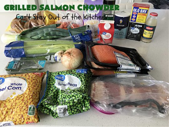 Grilled Salmon Chowder | Can't Stay Out of the Kitchen | this is one of the best #seafood #chowder #recipes ever! It includes chunks of #GrilledSalmon, #potatoes, #carrots, #corn, #peas & #leeks. #OldBaySeasoning gives it great flavor. It's thick, hearty, satisfying and comforting for any weeknight meal. #bacon #pork #salmon #fish #chives #GrilledSalmonChowder