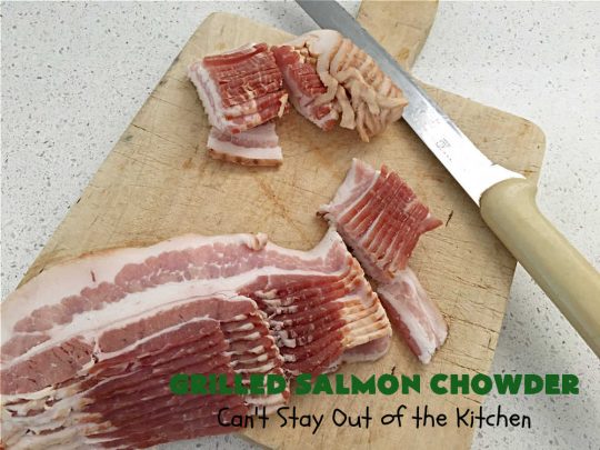 Grilled Salmon Chowder | Can't Stay Out of the Kitchen | this is one of the best #seafood #chowder #recipes ever! It includes chunks of #GrilledSalmon, #potatoes, #carrots, #corn, #peas & #leeks. #OldBaySeasoning gives it great flavor. It's thick, hearty, satisfying and comforting for any weeknight meal. #bacon #pork #salmon #fish #chives #GrilledSalmonChowder
