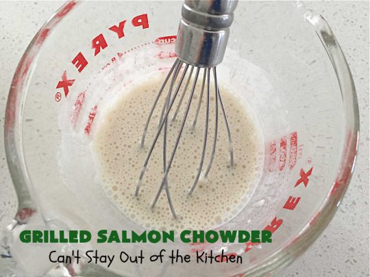 Grilled Salmon Chowder | Can't Stay Out of the Kitchen | this is one of the best #seafood #chowder #recipes ever! It includes chunks of #GrilledSalmon, #potatoes, #carrots, #corn, #peas & #leeks. #OldBaySeasoning gives it great flavor. It's thick, hearty, satisfying and comforting for any weeknight meal. #bacon #pork #salmon #fish #chives #GrilledSalmonChowder
